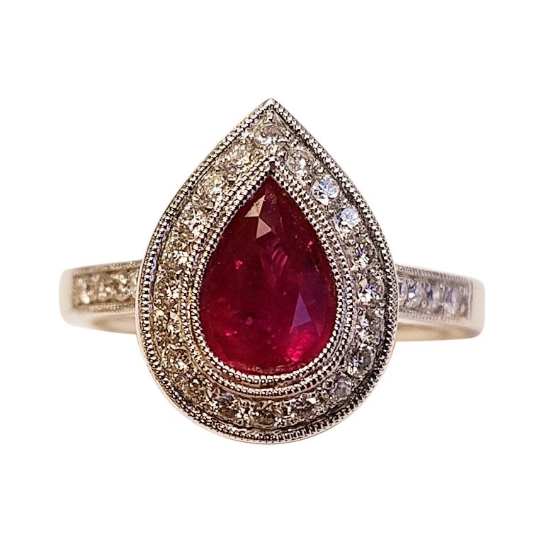 14 Karat White Gold Pear Cut Ruby and Diamond Ring For Sale