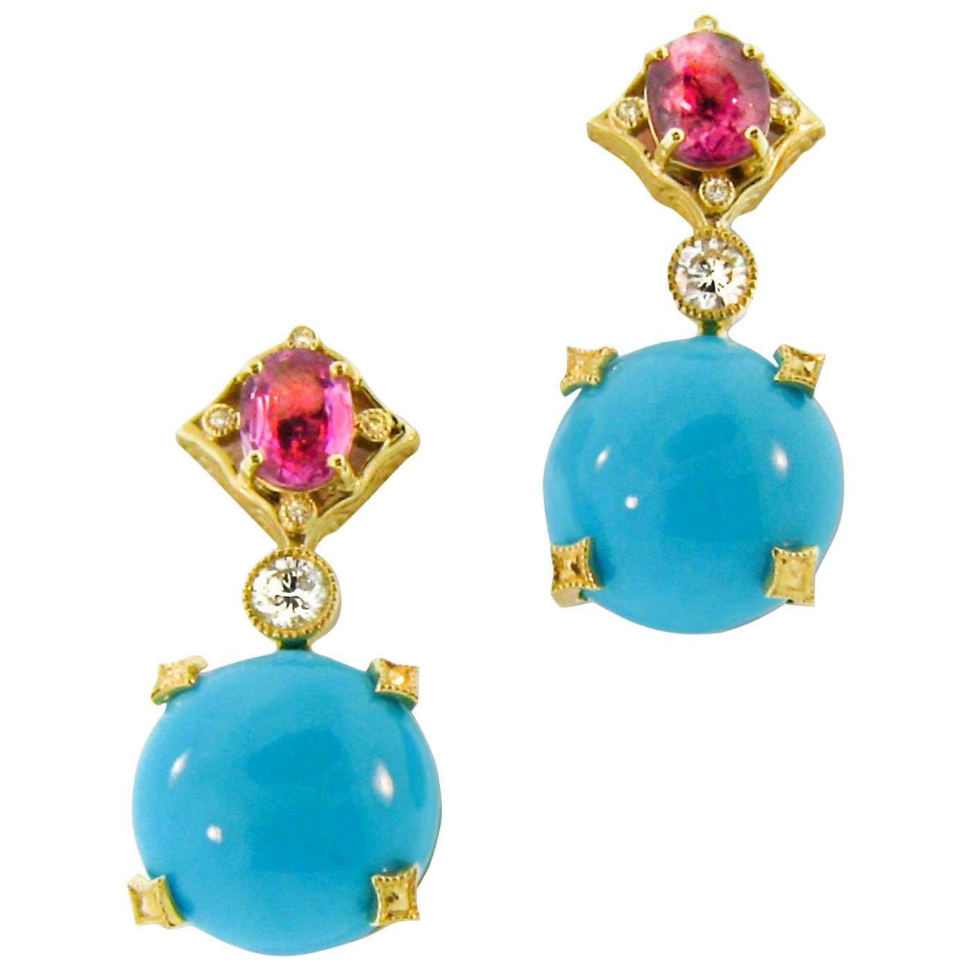 17.88 Carat Sleeping Beauty Turquoise and 2.25 Carat Pink Sapphire Earrings For Sale