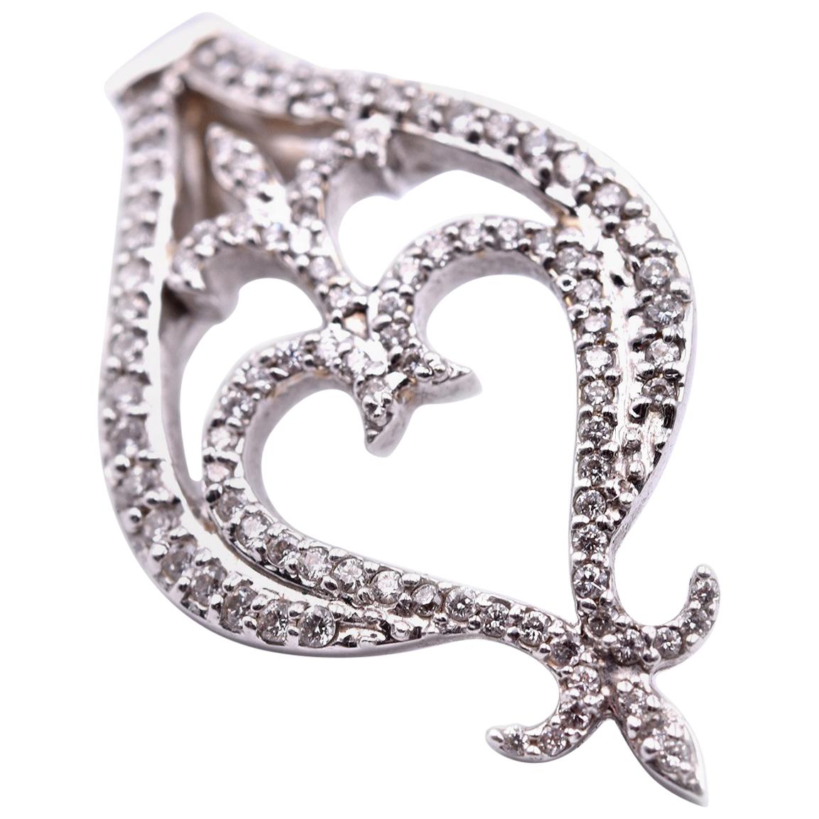 18 Karat White Gold Diamond Fleur-de-Lis and Heart Pendant For Sale