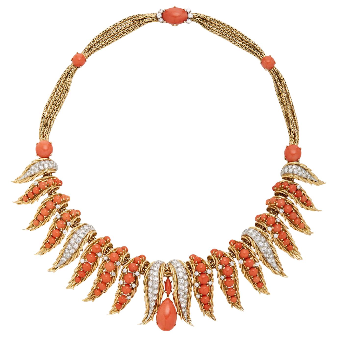 Retro French Diamond Coral Gold Necklace