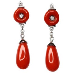 Red Coral and Diamond 18 Karat White Gold Earrings