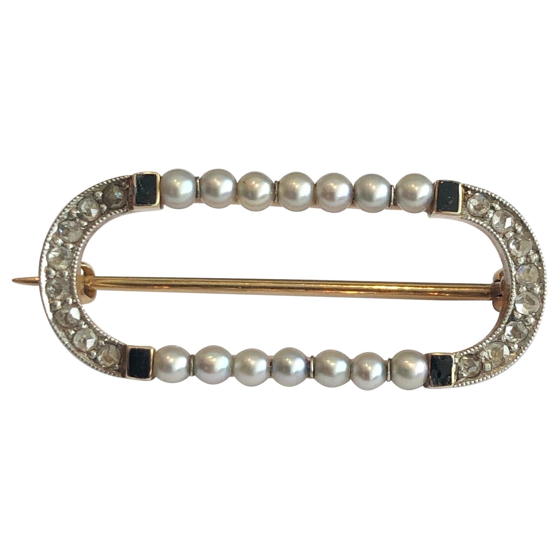 Art-Deco Cartier New York Brooch Gold 14 Karat Platinum Pearls Diamonds Onyx For Sale