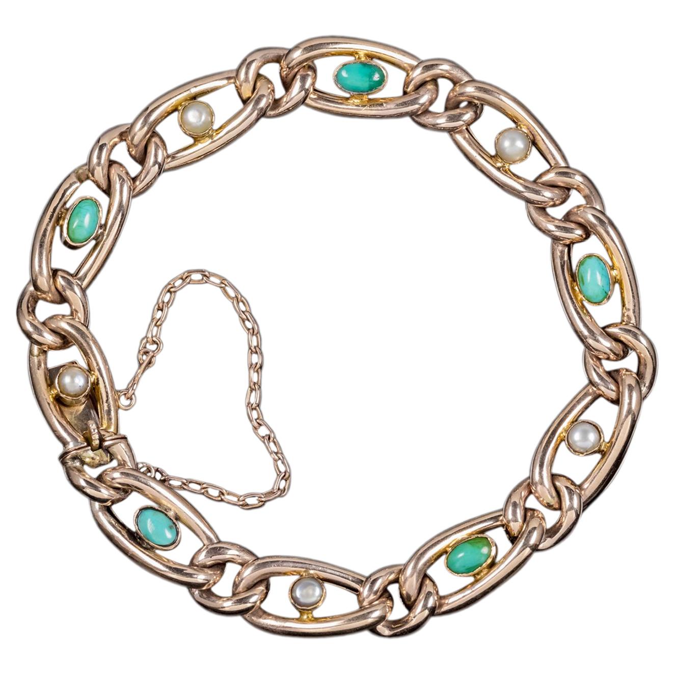 Antique Victorian Turquoise Pearl 9 Carat Rose Gold Bracelet, circa 1900 For Sale