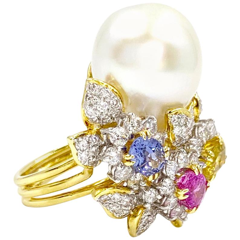 18 Karat South Sea Pearl, Diamond and Multicolored Sapphire Cocktail Ring