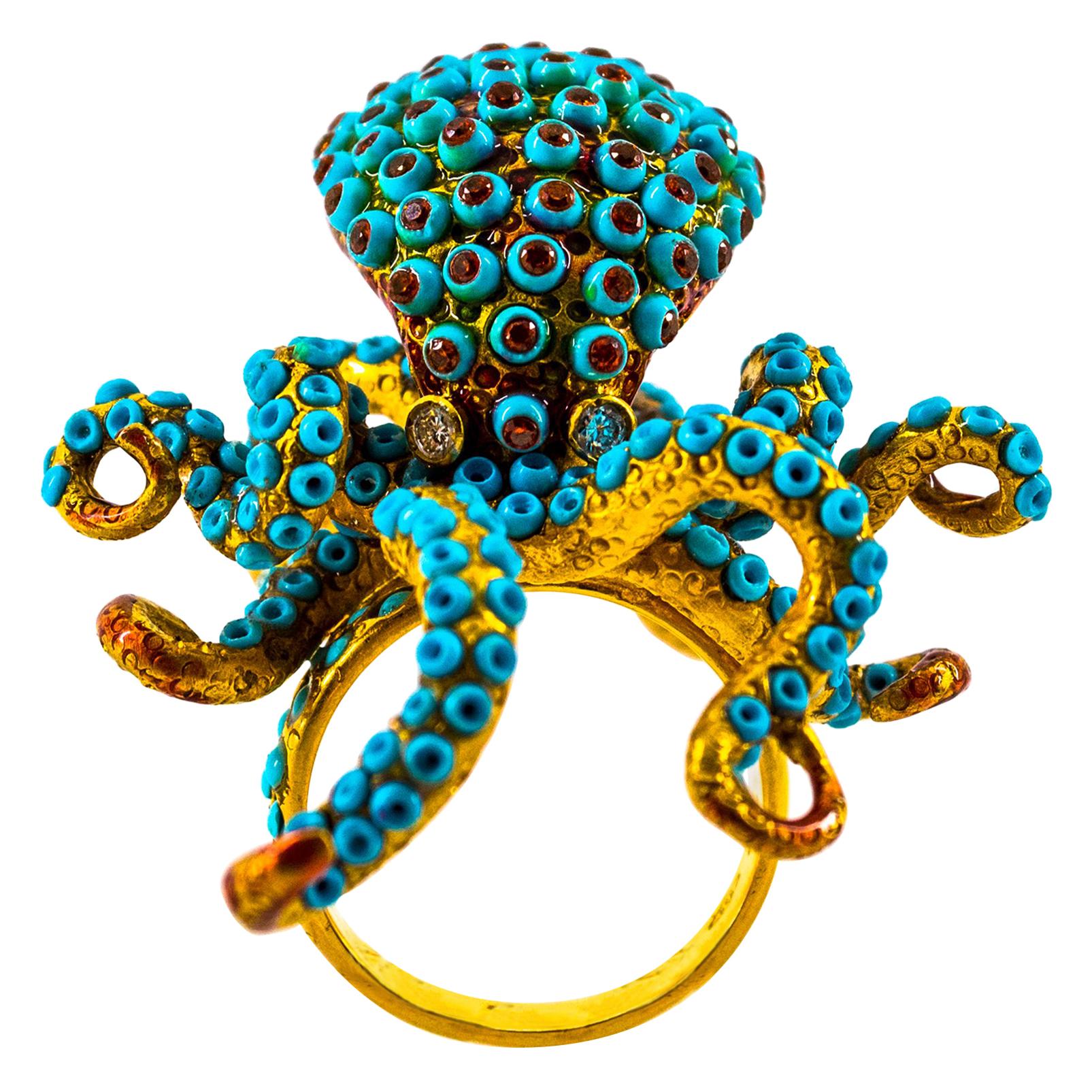 1.12 Carat White Diamond Garnet Turquoise Yellow Gold "Octopus" Cocktail Ring
