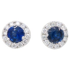 Blue Sapphire and Diamond Halo Stud Earrings