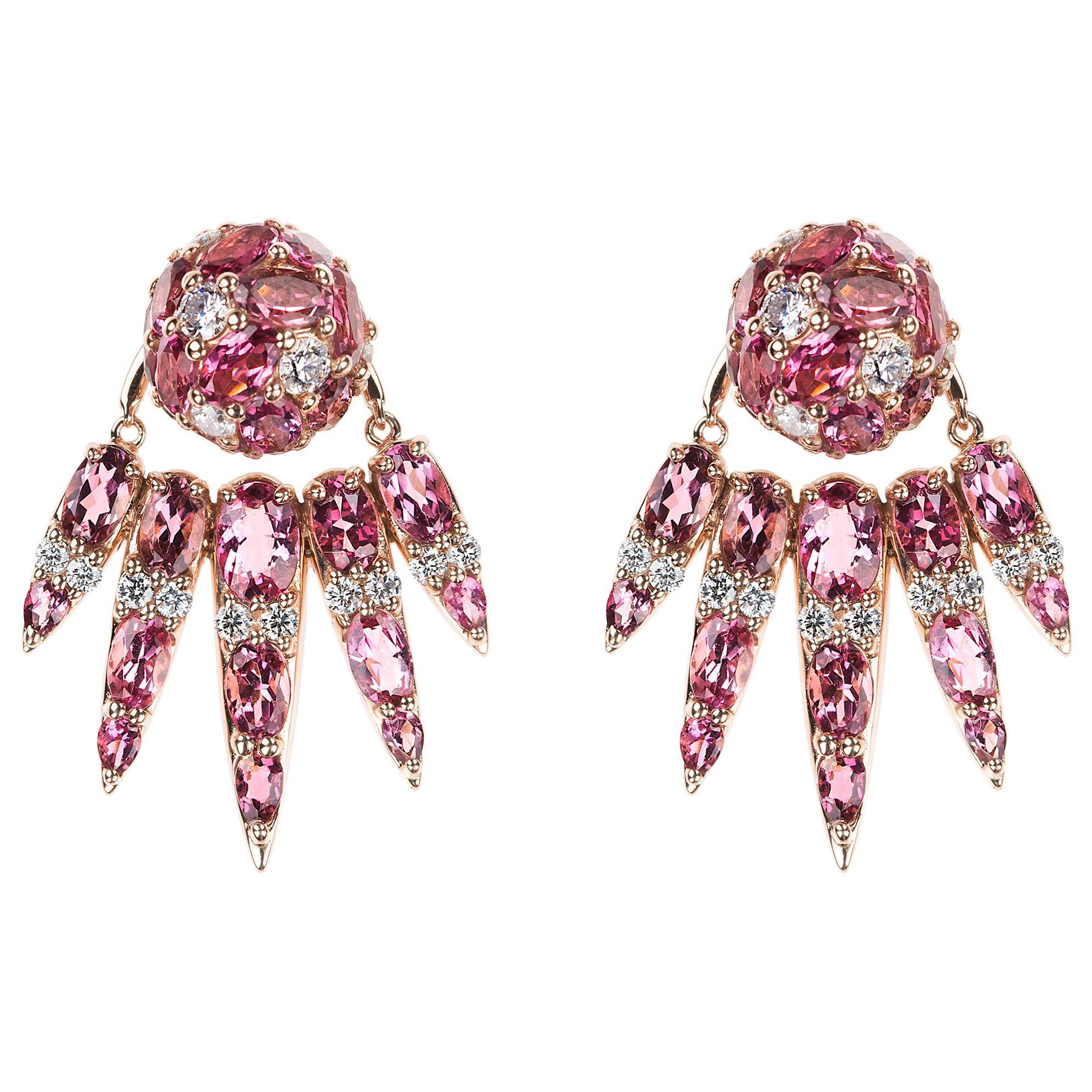 Nikos Koulis 18 Karat Rose Gold Pink Tourmaline & White Diamond Jacket Earrings For Sale