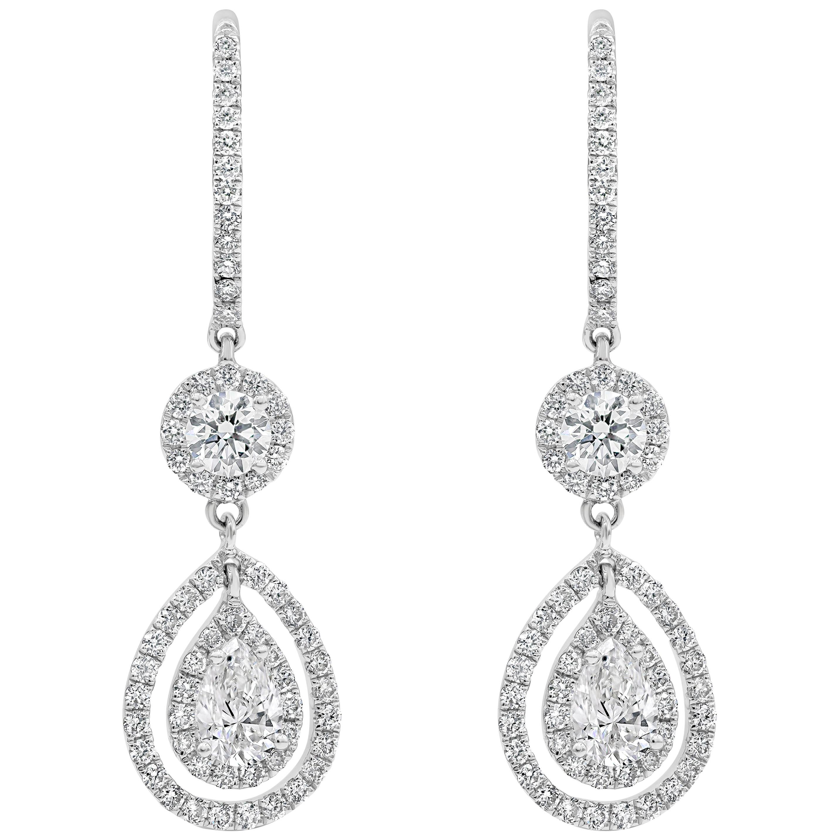 Roman Malakov 1.71 Carats Total Diamond Double Halo Dangle Earrings For Sale