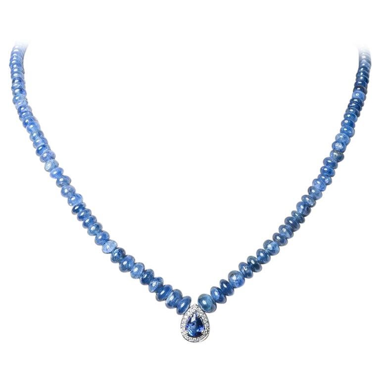 Sapphire Bead Necklace with a White Gold Diamonds and Sapphire Pear