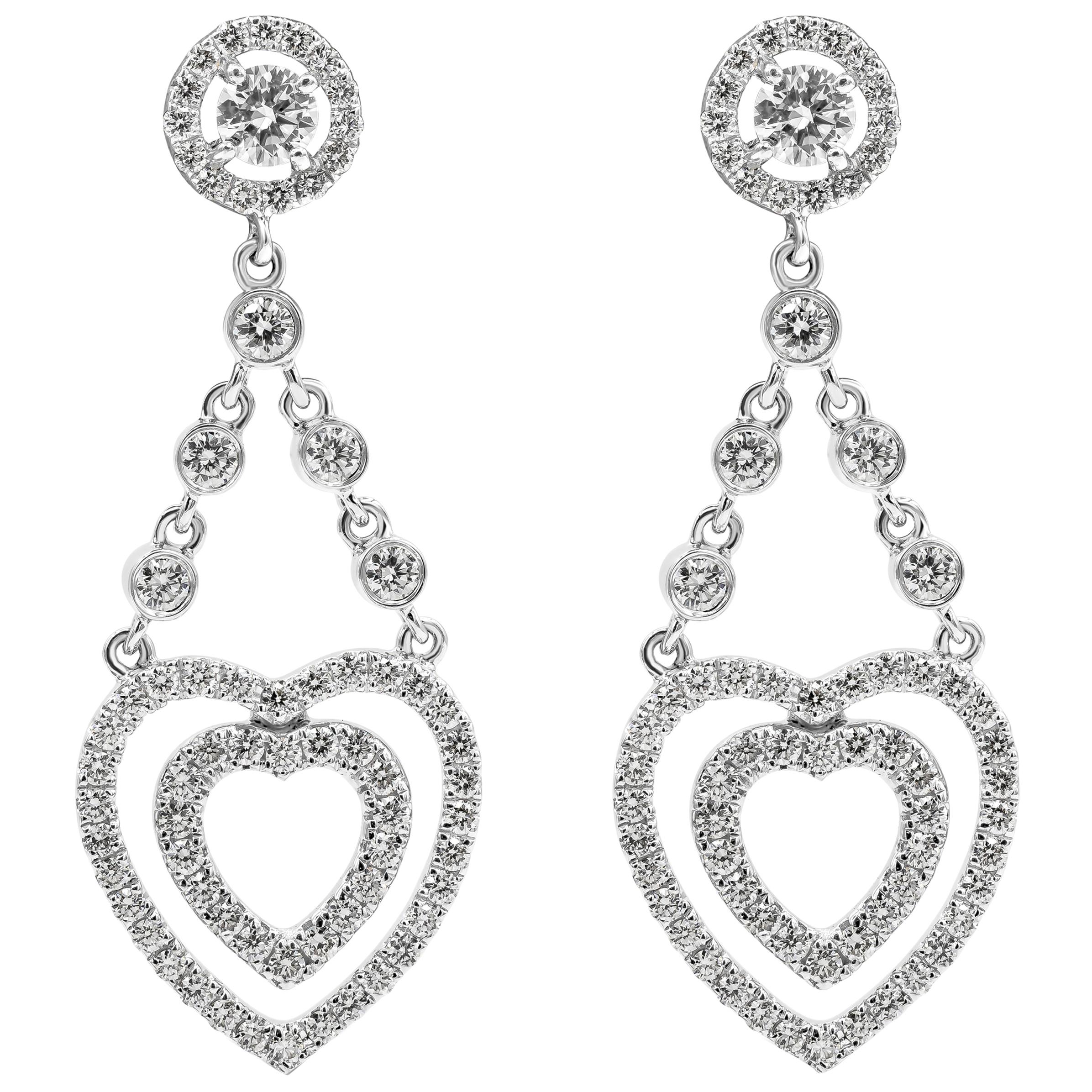 Roman Malakov 1.12 Carats Round Diamond Open-Work Heart Shape Dangle Earrings For Sale