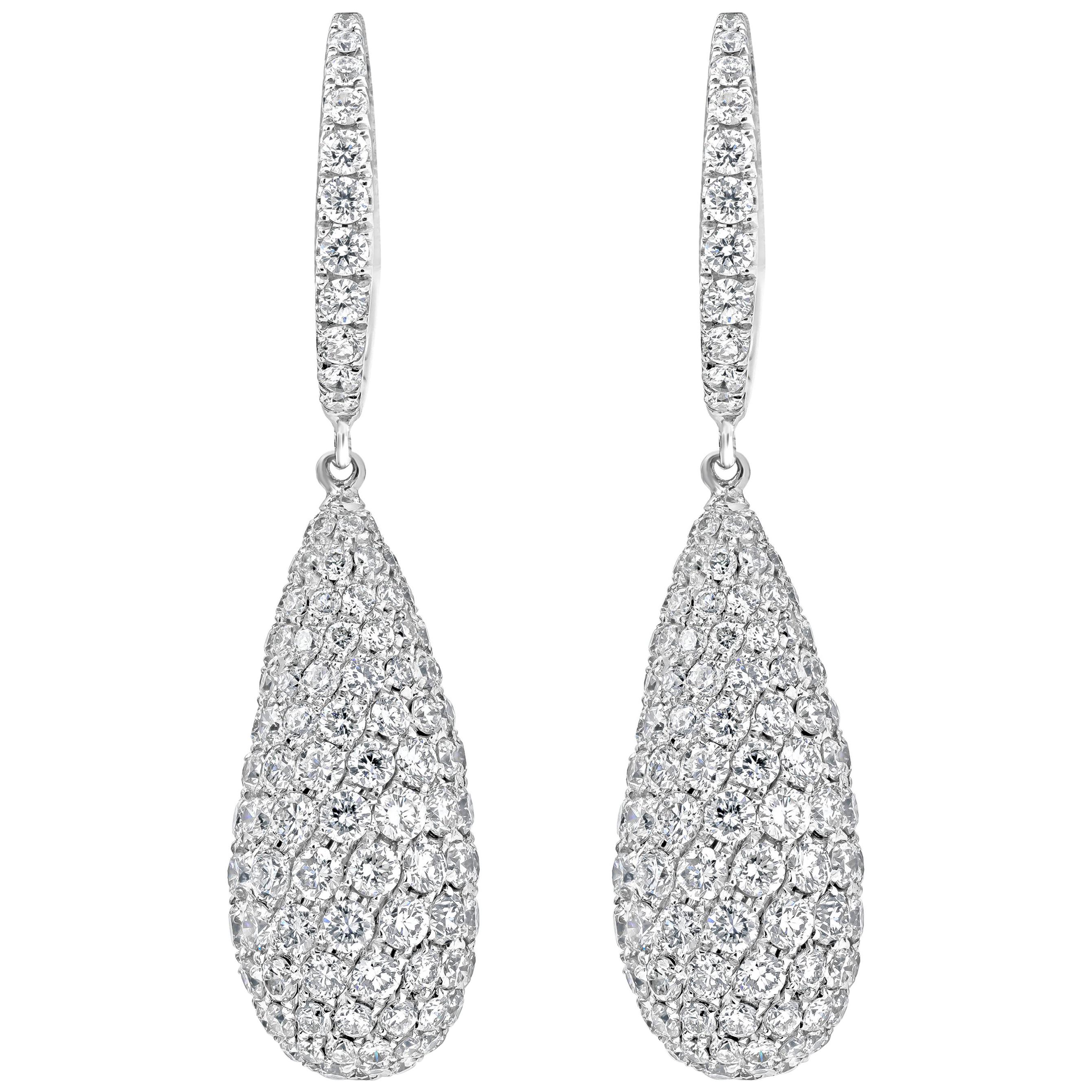 Roman Malakov 6.33 Carats Total Round Diamond Pave Tear Drop Dangle Earrings For Sale