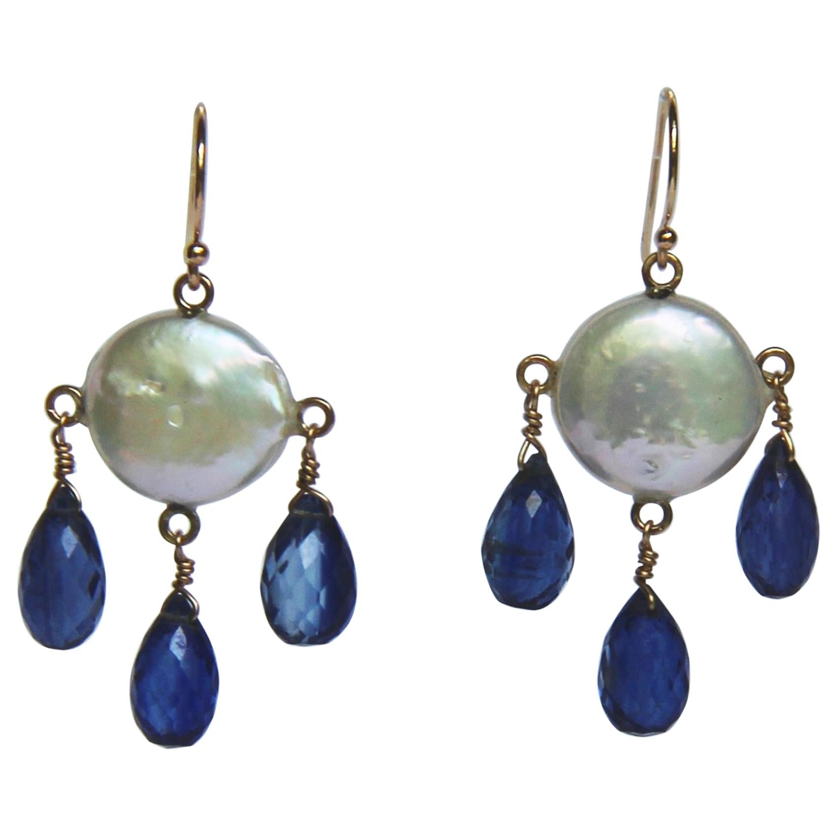 Marina J White Coin Pearl and Kyanite Drop Earrings & 14 K Yellow Gold Hooks