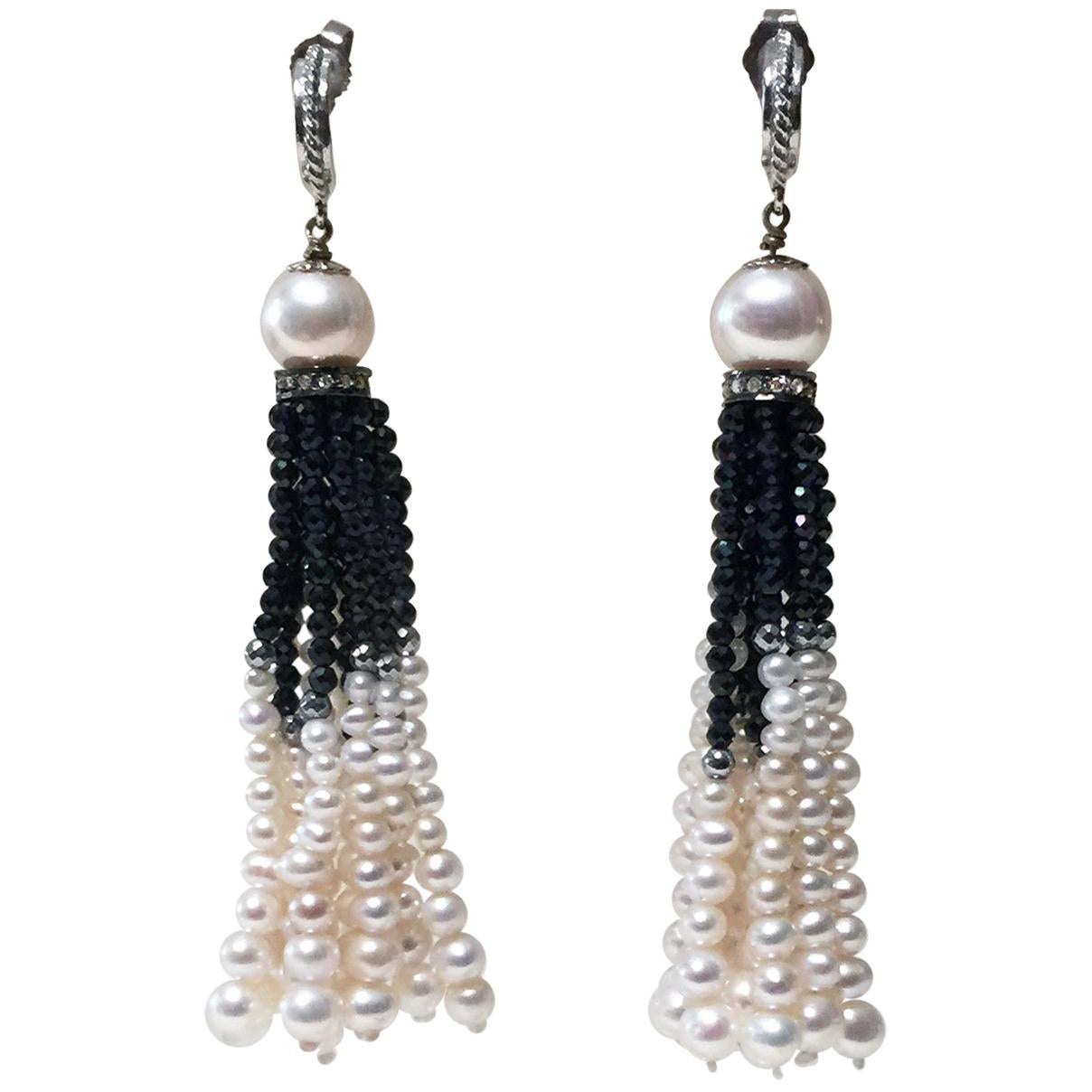 Marina J Black Spinel and White Pearl Tassel Earrings with 14k White Gold  For Sale