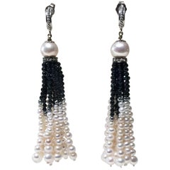 Marina J Black Spinel and White Pearl Tassel Earrings with 14k White Gold 