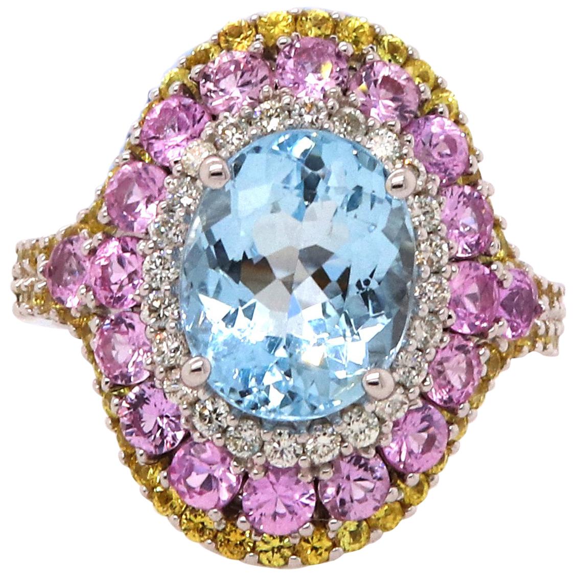 Aquamarine, Pink Sapphire, Yellow Sapphire and Diamond Ring