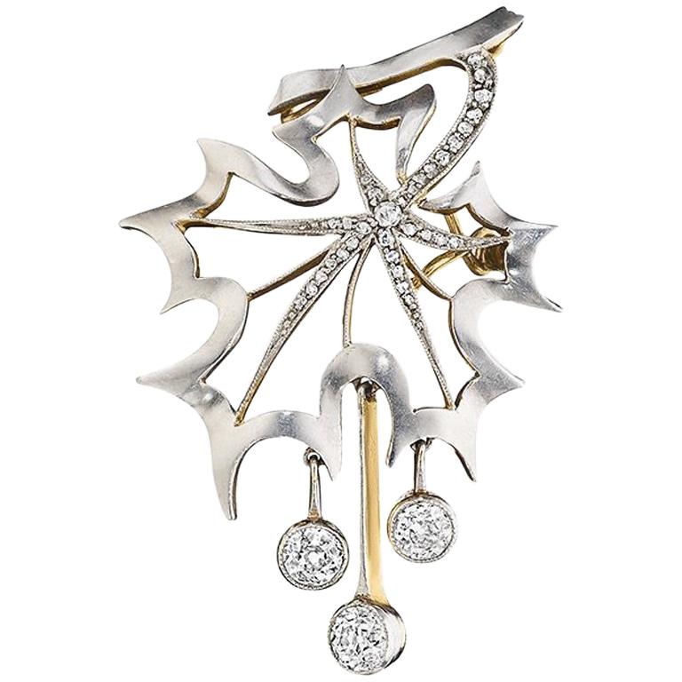 Diamond, Gold and Platinum Maple Leaf Brooch For Sale