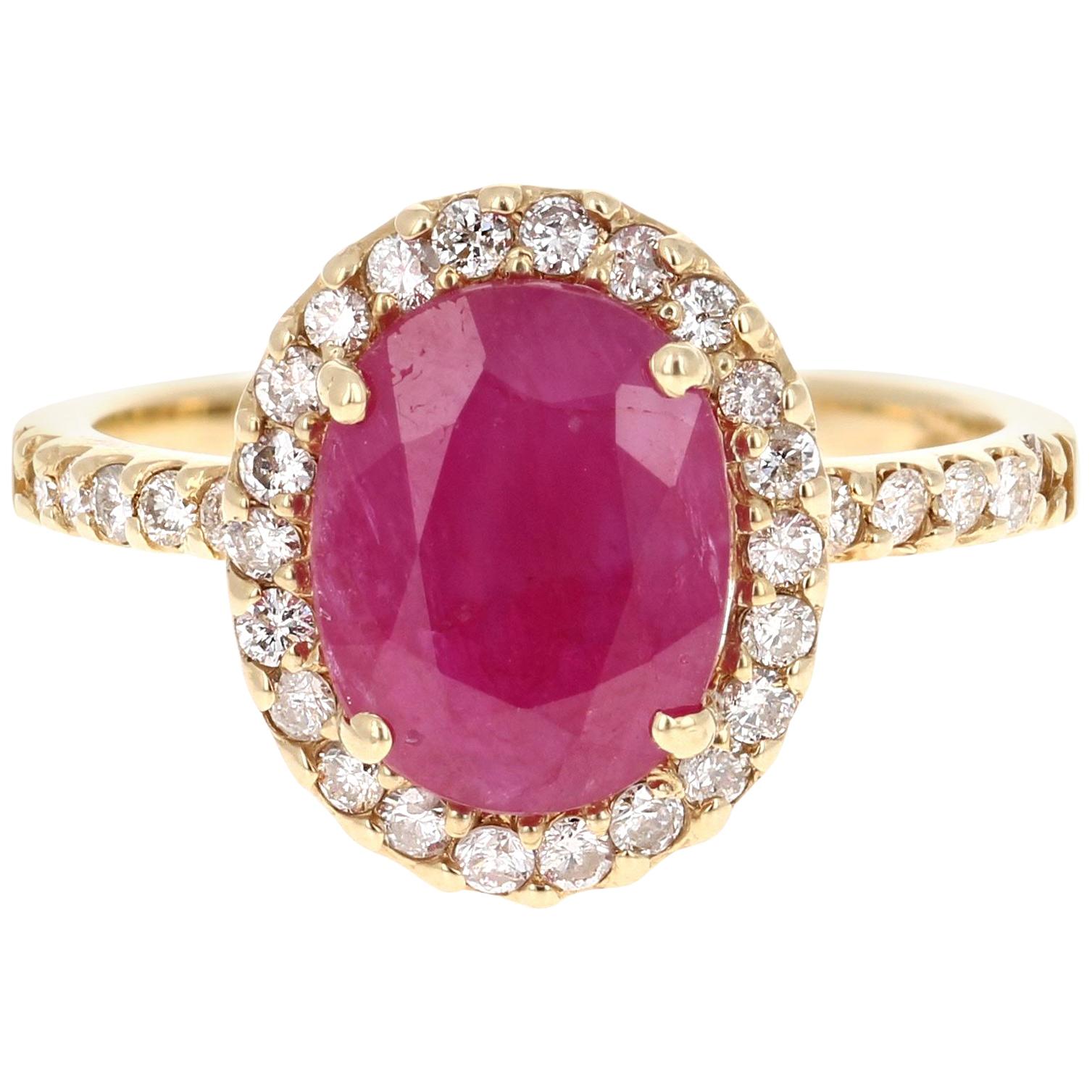 3.23 Carat Ruby Diamond Ring and Diamond Band 14 Karat Yellow Gold Ring