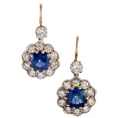 Antique Style Sapphire and Diamond Cluster Drop Earrings