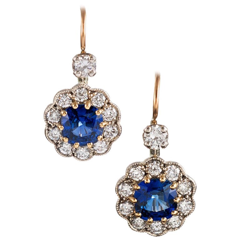 Antique Style Sapphire and Diamond Cluster Drop Earrings at 1stDibs ...