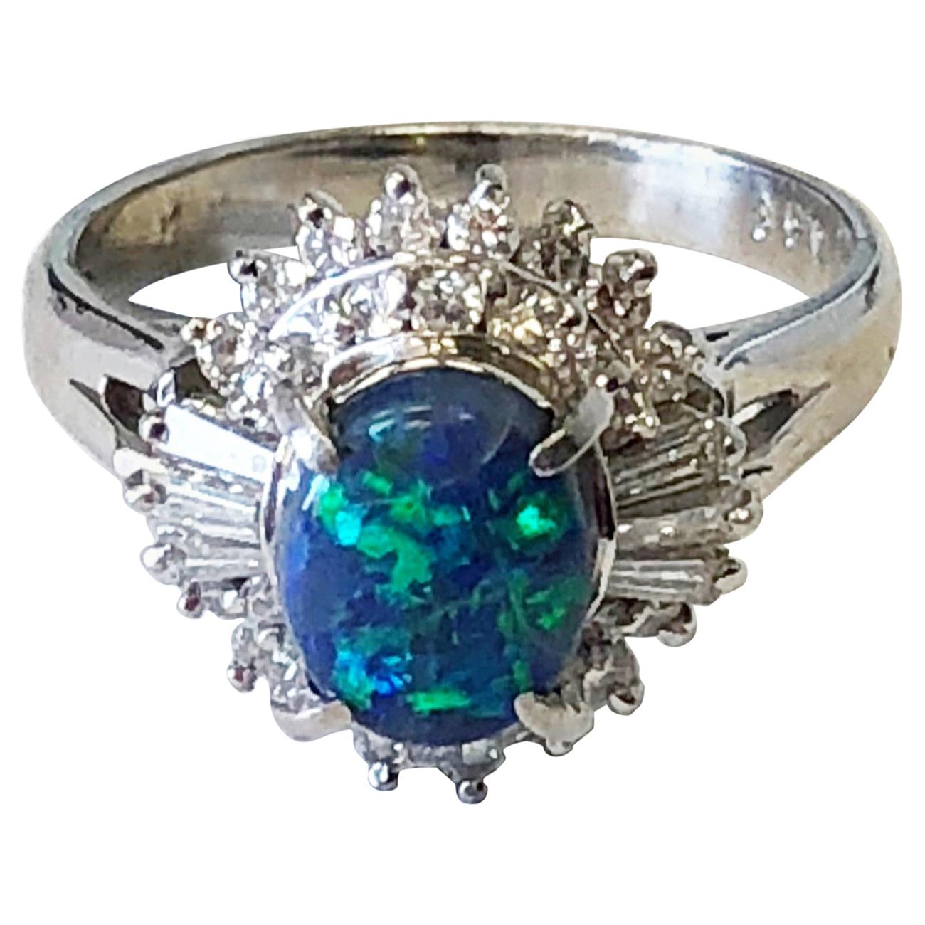 Estate Opal Oval and White Diamond Cocktail Ring in Platinum