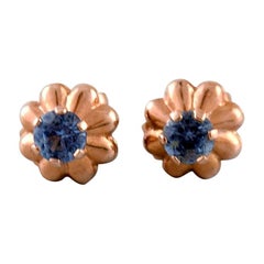 Danish 14 Karat Gold Ear Studs with Blue Stones, Mid-1900s