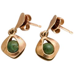 Danish 14 Karat Gold Ear Studs with Green Stones, Mid-1900s