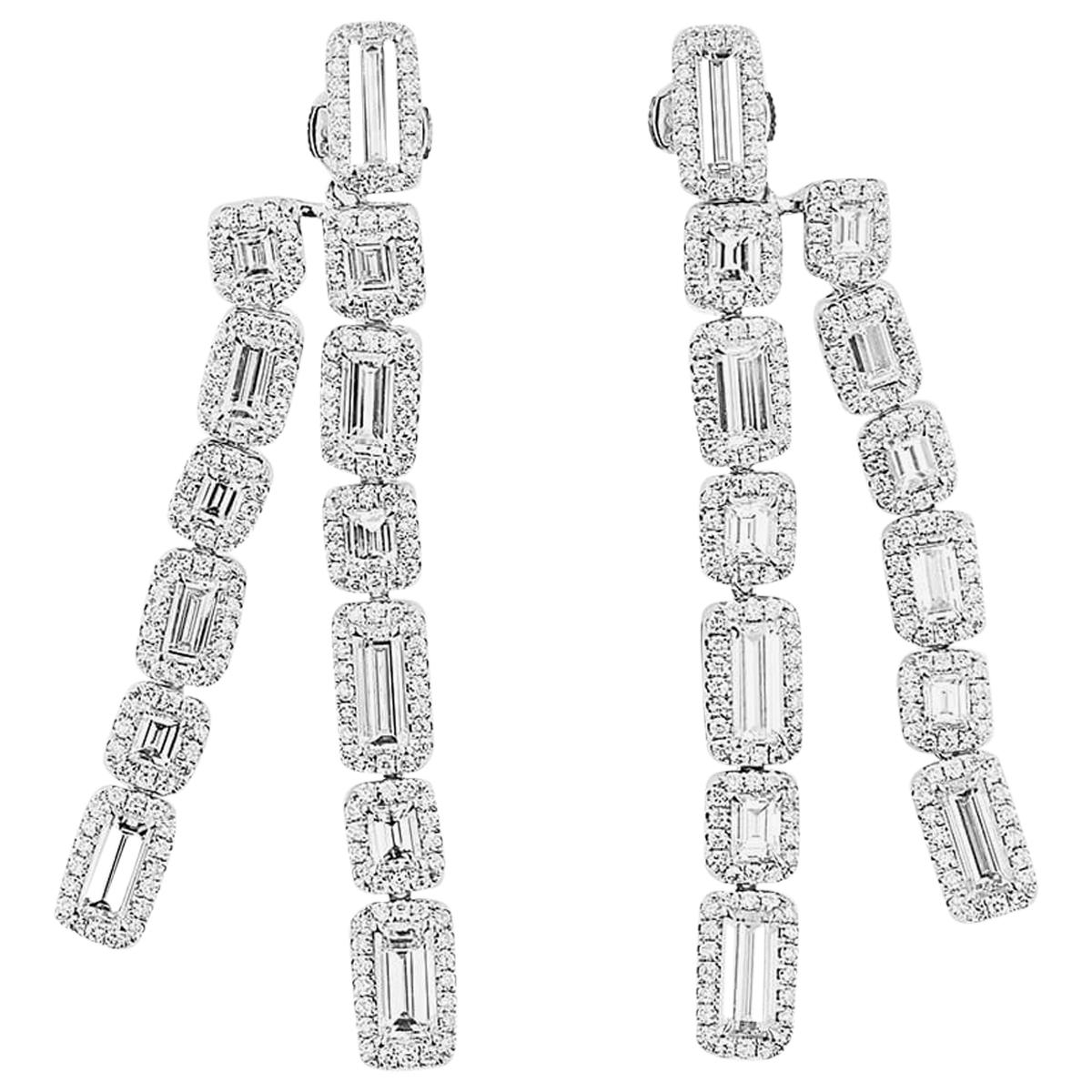 White Gold Baguette and Brilliant Cut Dangle Earrings, 8.67 Carat For Sale