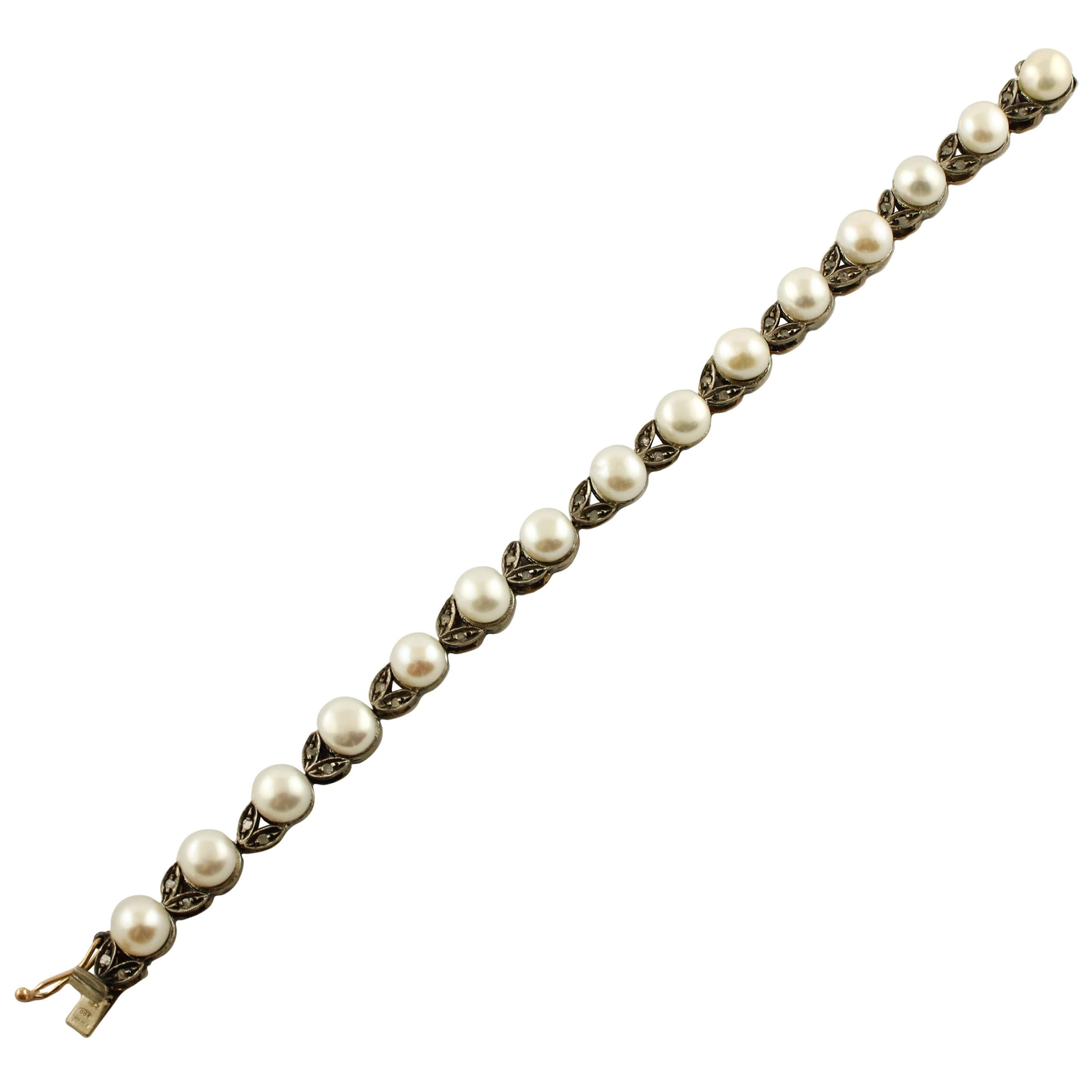 Little Diamonds White Pearls, Flower Theme, Rose Gold and Silver Link Bracelet For Sale