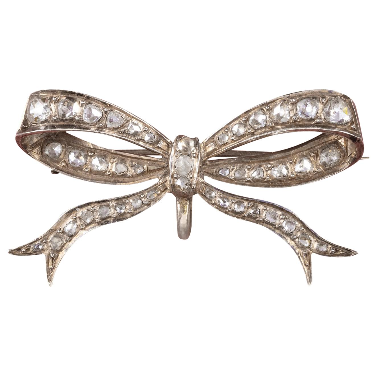 Antique Edwardian Rose Cut Diamond Bow 18 Carat Gold circa 1910 Boxed Brooch