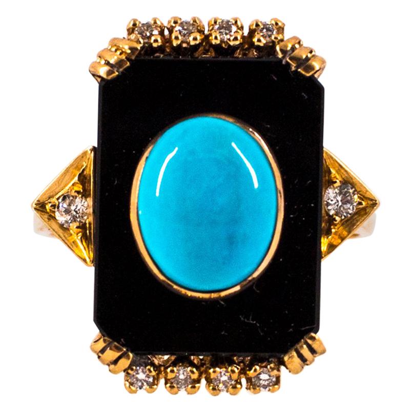 Art Deco Turquoise Onyx 0.18 Carat White Diamond Yellow Gold Cocktail Ring