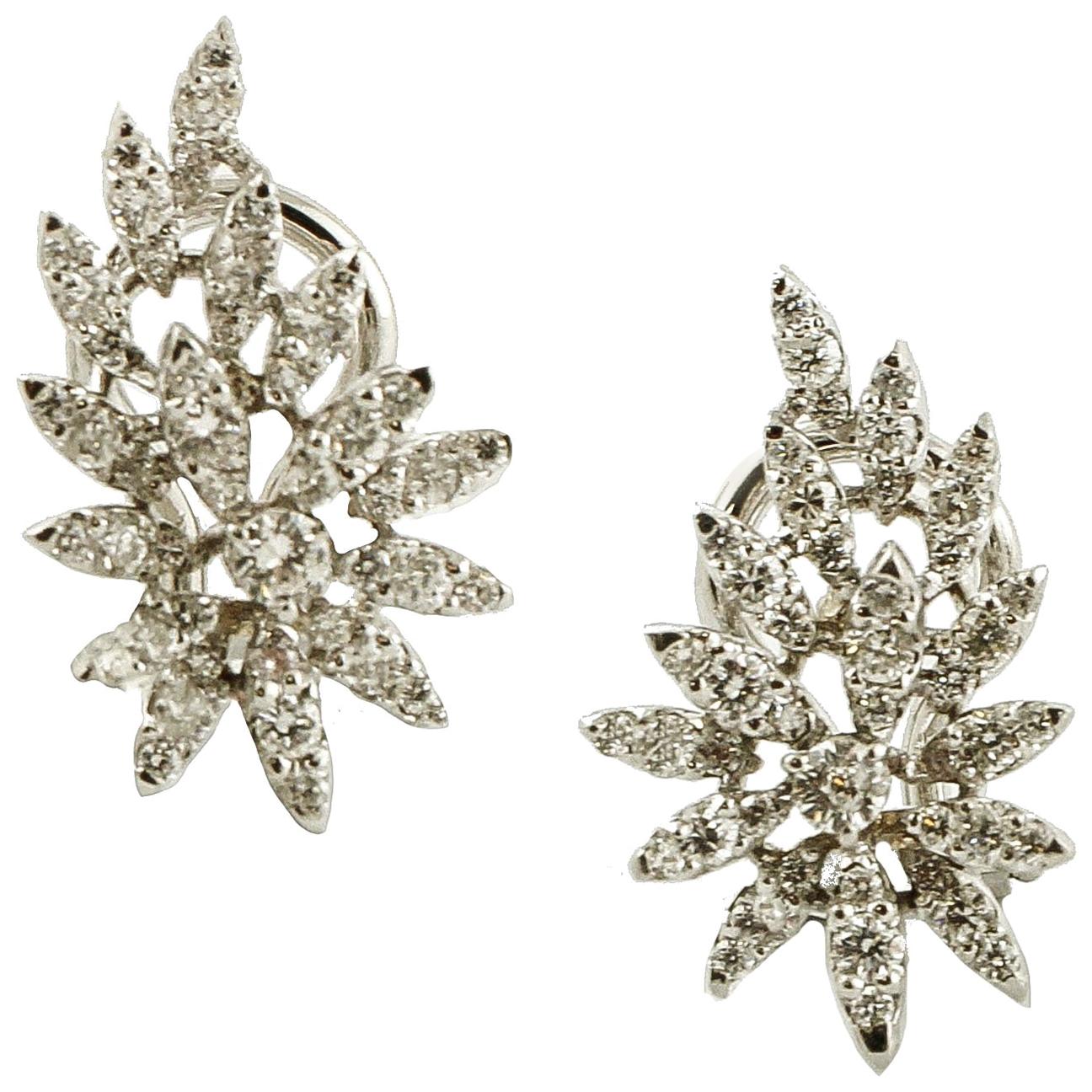1.39 Carat Little White Diamonds, 18 Karat Gold, Leaves Theme, Earrings