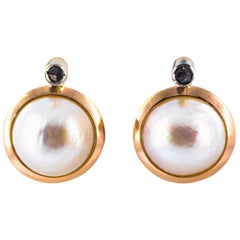 Mabe Pearl 0.10 Carat White Rose Cut Diamond Yellow Gold Lever-Back Earrings