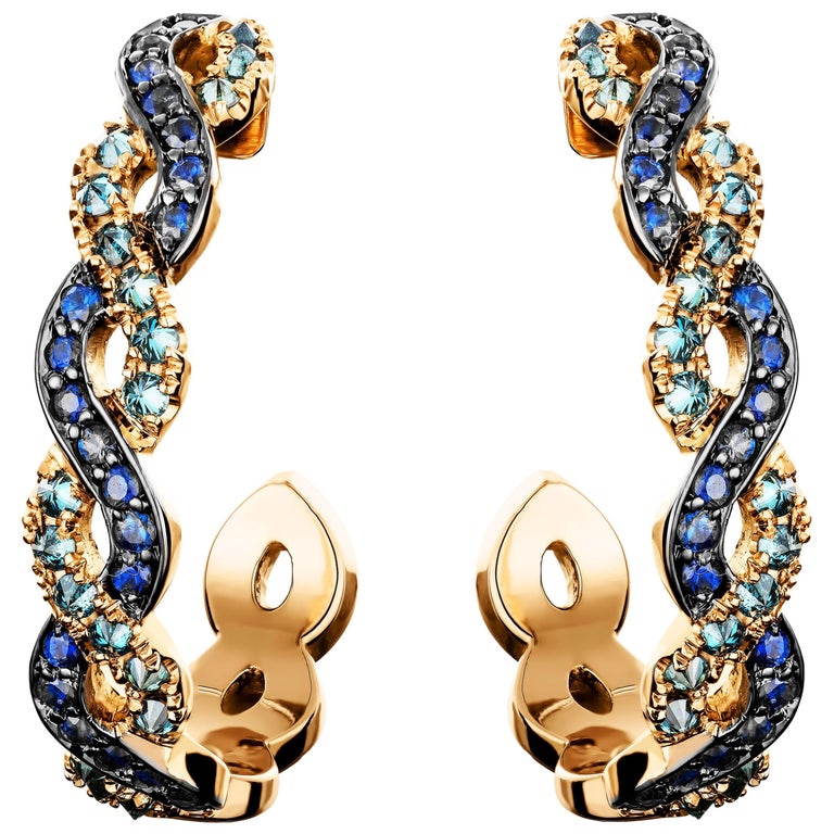 Joke Quick 18K Rose Gold Sapphire and Upside Down Blue Diamond Pave hoop Earrings at 1stDibs