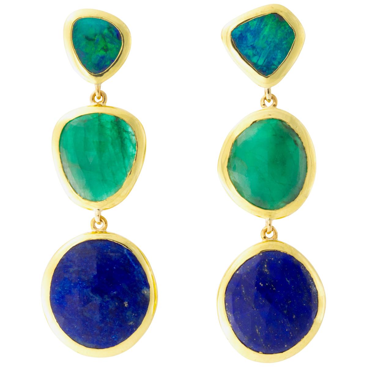 Boulder Opal, Emerald and Lapis Earrings For Sale