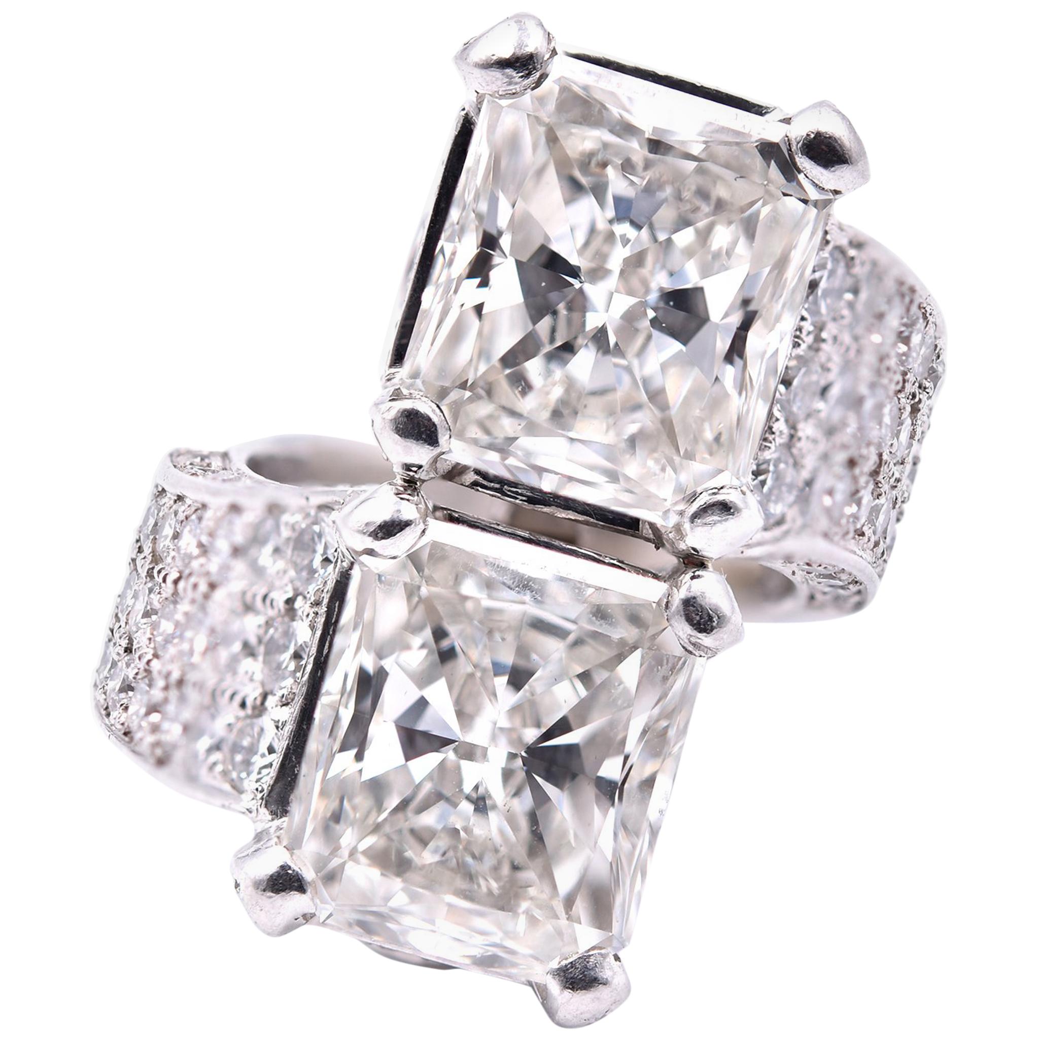 Platinum Diamond Emerald Cut Dual Center Stone Ring  For Sale