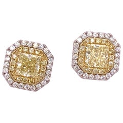 2.07 Carat Natural GIA Fancy Yellow Radiant Cut Diamond Gold Canary Earrings