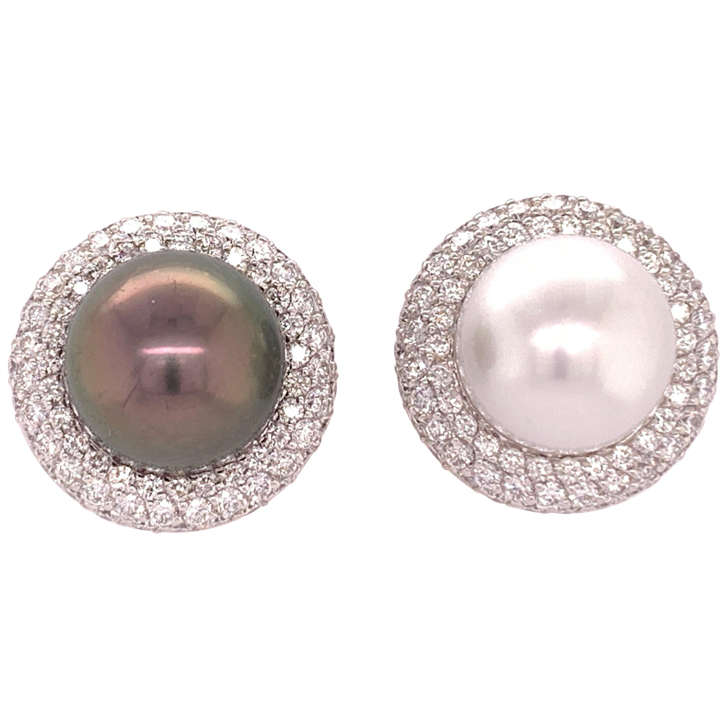 5.40 Carat Natural Diamond and Black Tahitian and South Sea Pearl Gold Earrings For Sale