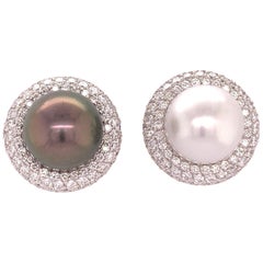 5.40 Carat Natural Diamond and Black Tahitian and South Sea Pearl Gold Earrings