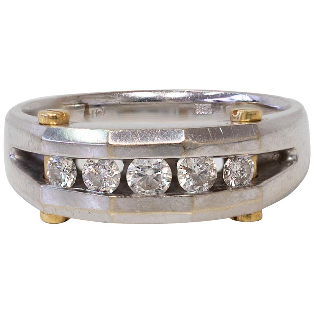 14K White Gold Men's Ring / Wedding Band with Diamonds & 18K Yellow Gold Details