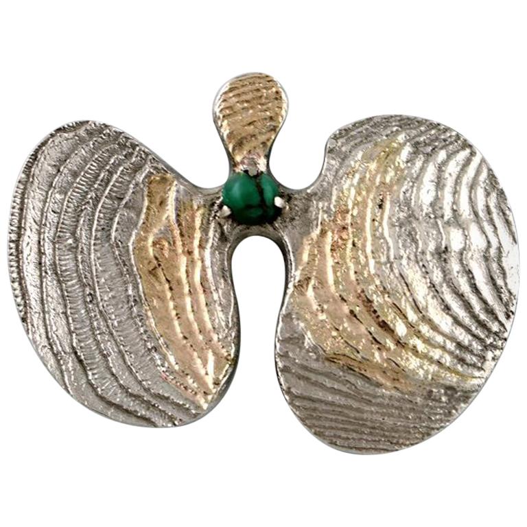 Swedish Modernist Brooch in Silver with Green Agate, Partially Gilded, 1968