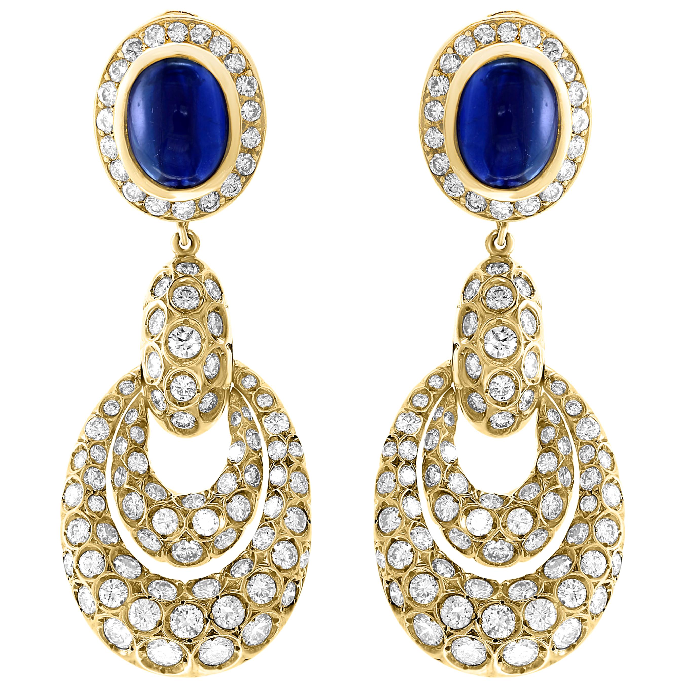 15 Carat Blue Sapphire and Diamond Hanging /Cocktail/Drop Earring 18 Karat Gold For Sale