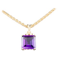 Amethyst and Diamond 14 Karat Gold Pendant Wheat Chain Necklace