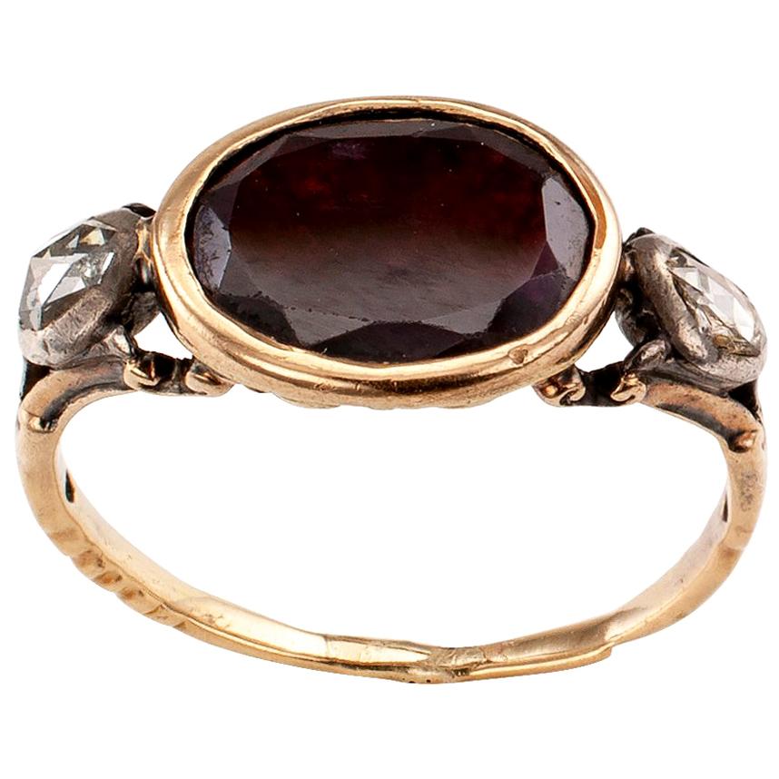 Georgian Garnet Rose Cut Diamond Three-Stone Gold Silver Ring