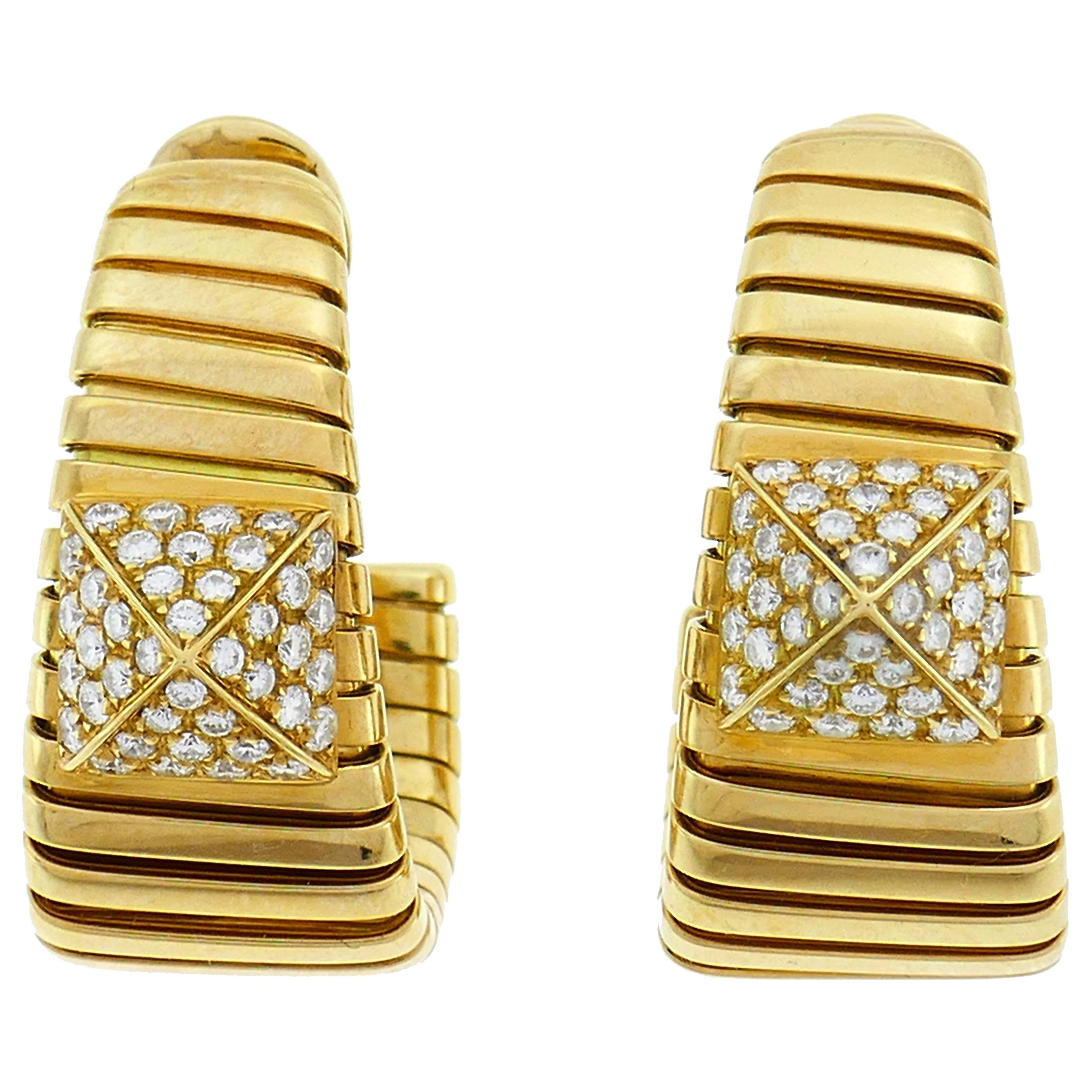 Vintage Bulgari Tubogas Hoop Earrings Diamond 18k Gold Bvlgari