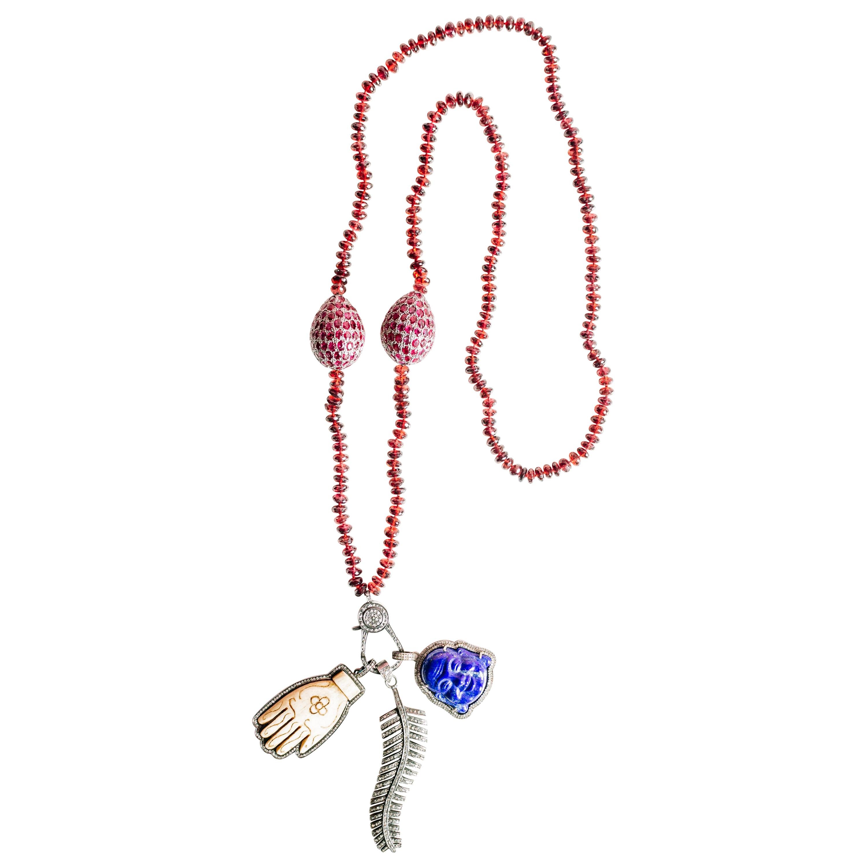 Clarissa Bronfman Garnet, Ruby, Lapis, Diamond, Wood Triple Pendant Necklace