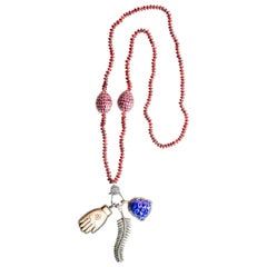 Clarissa Bronfman Garnet, Ruby, Lapis, Diamond, Wood Triple Pendant Necklace