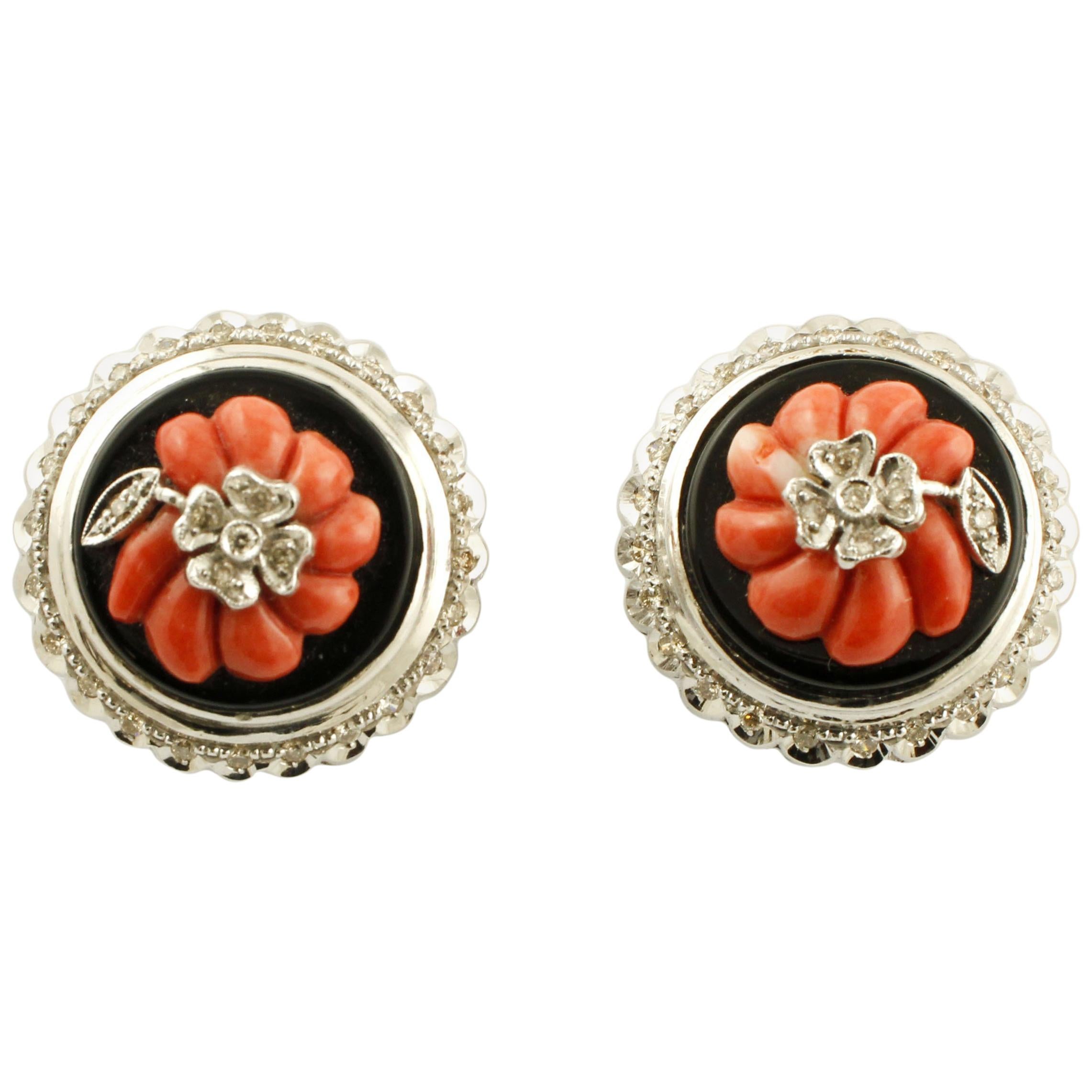 Red Coral Flowers, Onyx , White Diamonds, 14 Karat White Gold  Earrings. For Sale