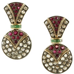 Diamonds Rubies Emeralds Rose Gold and Silver Fashion Earrings