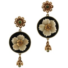 Vintage Diamonds Rubies Emeralds Coral Flowers Onyx Plates Rose Gold and Silver Earrings