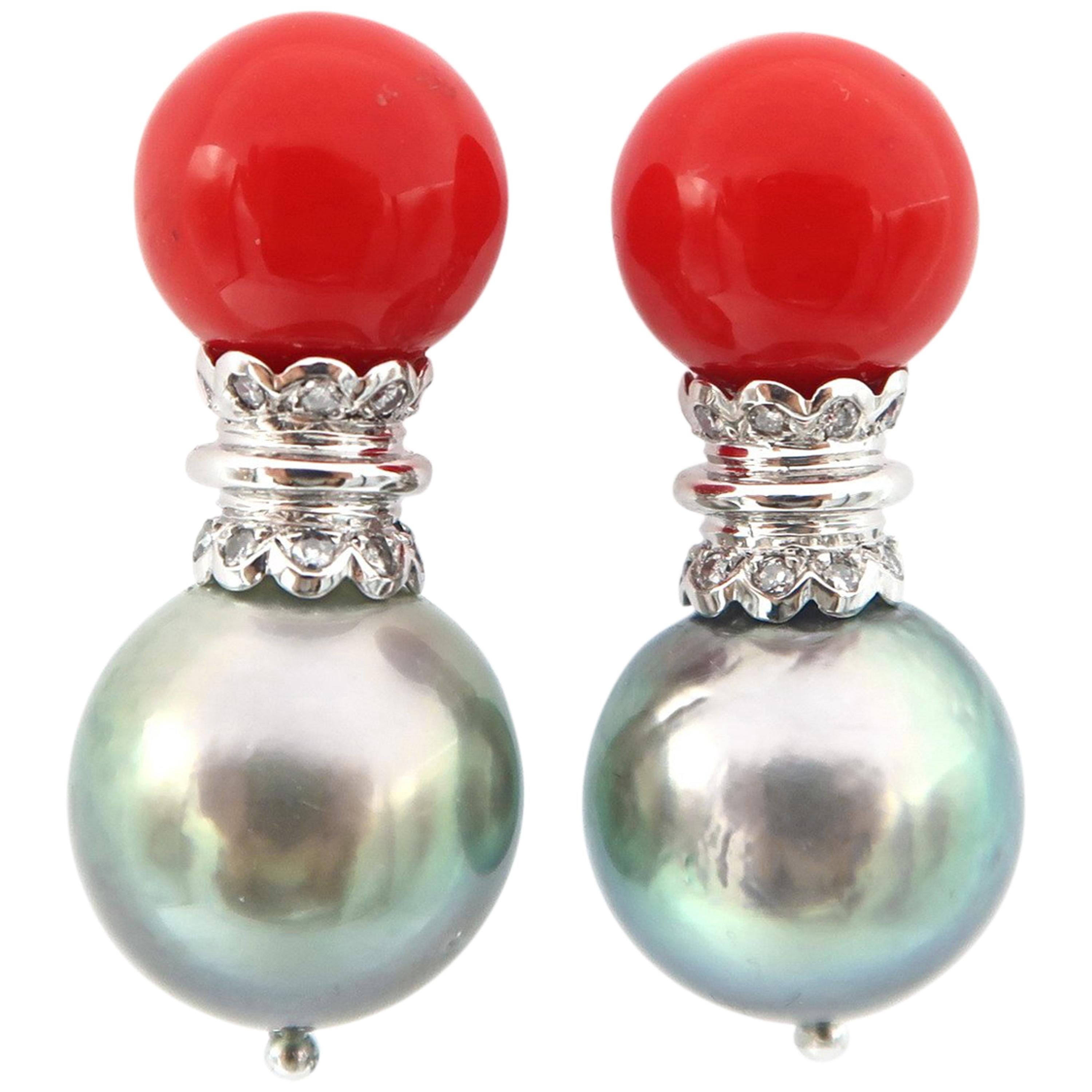 Coral and Tahitian Pearl Cone Sconce Diamond Pierced Pin Gold Earrings For Sale
